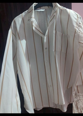 Bej Çizgili V Yaka Kadın Gömlek - Görsel 4