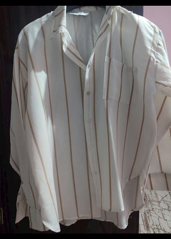 Bej Çizgili V Yaka Kadın Gömlek - Görsel 5