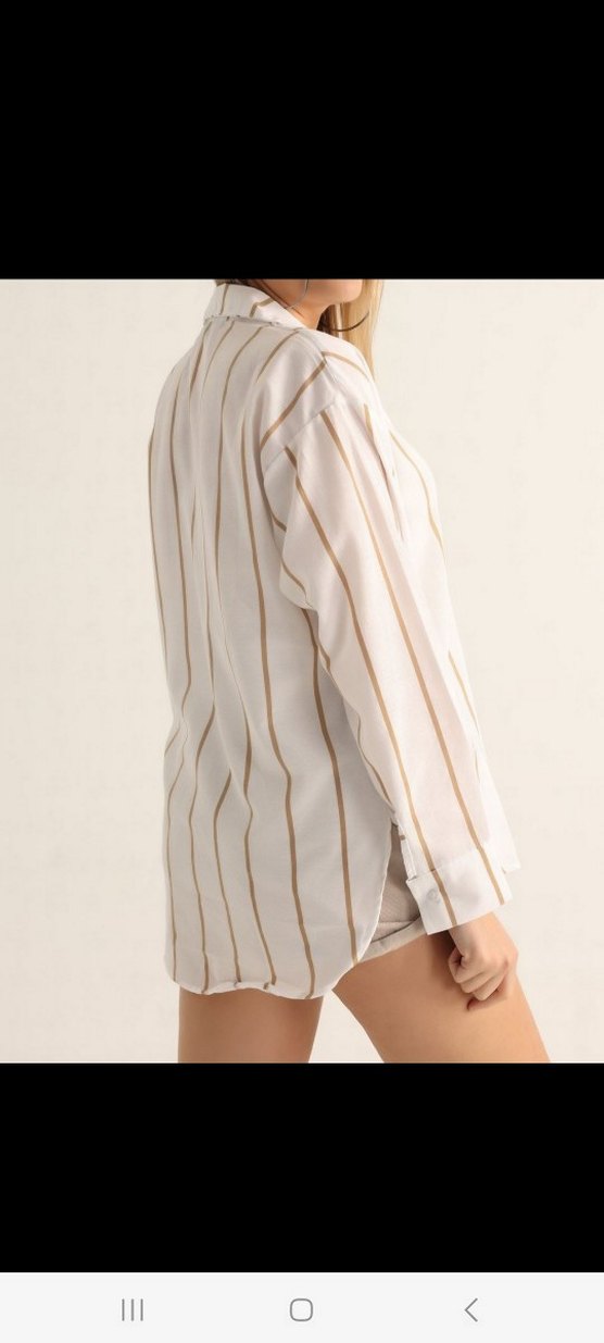 Bej Çizgili V Yaka Kadın Gömlek - Görsel 2