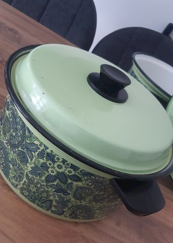 Yeşil Desenli Emaye Tencere Seti - Görsel 5