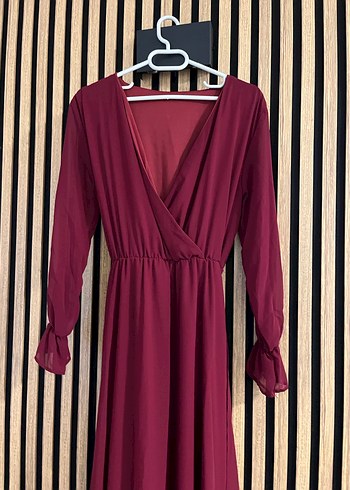 Bordo Uzun Kollu V Yaka Uzun Elbise - Görsel 2