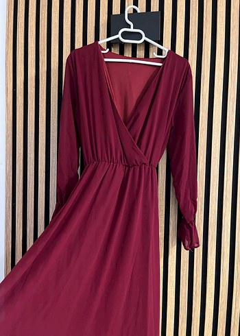 Bordo Uzun Kollu V Yaka Uzun Elbise - Görsel 3