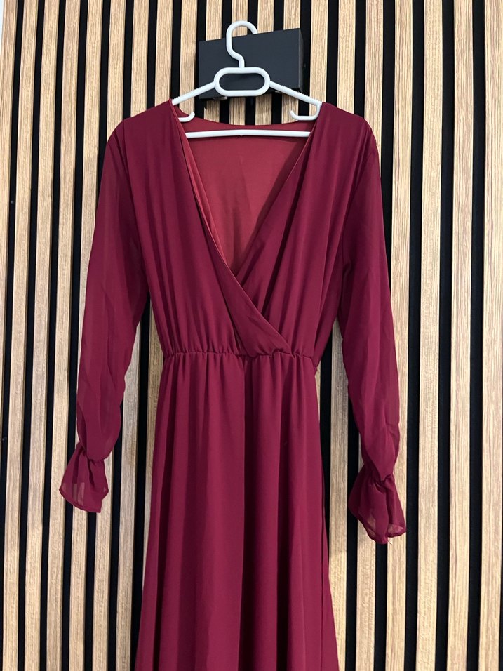 Bordo Uzun Kollu V Yaka Uzun Elbise - Görsel 2