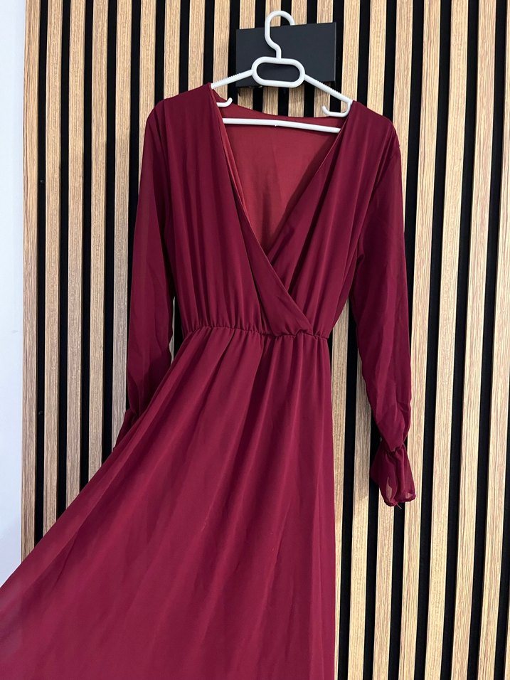 Bordo Uzun Kollu V Yaka Uzun Elbise - Görsel 3