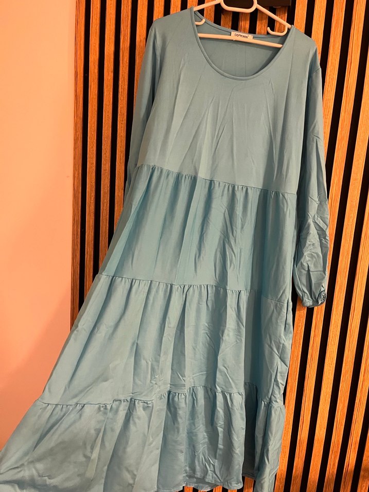 Mavi Uzun Kollu Pilili Bohem Elbise - Görsel 3