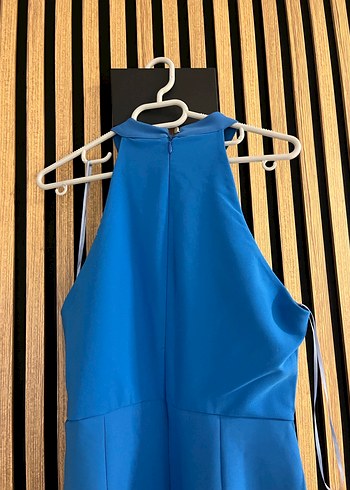 Mavi Uzun Sırt Fermuarlı Yüksek Yakalı Elbise - Görsel 3