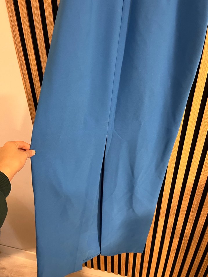 Mavi Uzun Sırt Fermuarlı Yüksek Yakalı Elbise - Görsel 4