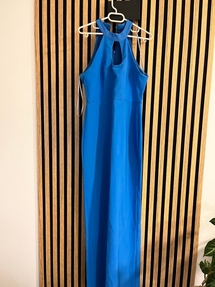 Mavi Uzun Sırt Fermuarlı Yüksek Yakalı Elbise - Görsel 2