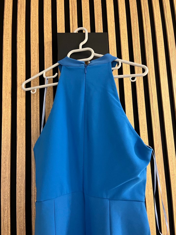 Mavi Uzun Sırt Fermuarlı Yüksek Yakalı Elbise - Görsel 3
