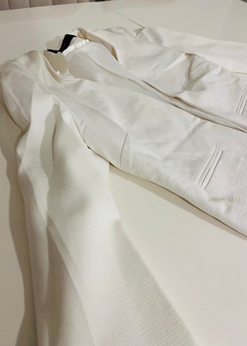 Beyaz Kadın Keten Midi Blazer - Görsel 2