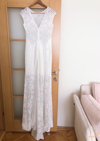 Bohem Yüksek Yakalı Uzun Kuyruklu Beyaz Gelinlik - Görsel 3