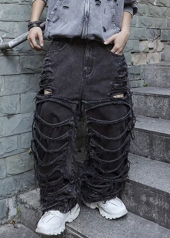 Rick Owens Ripped Oversize Siyah Denim Yirtik Pantolon