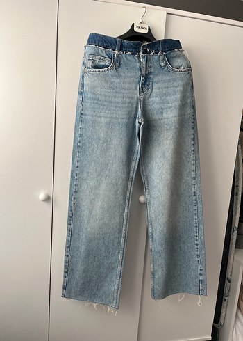 Zara Gri Mavi Bağcıklı Salaş Midi Kot Pantolon