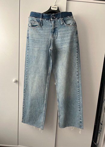 Gri Mavi Bağcıklı Salaş Midi Kot Pantolon