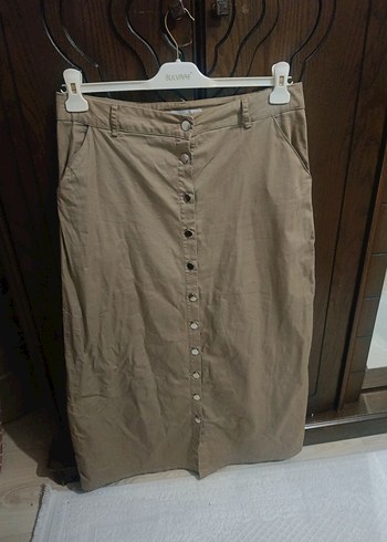 xl Beden camel Renk Düğmeli Bej Kadın Uzun Keten Etek