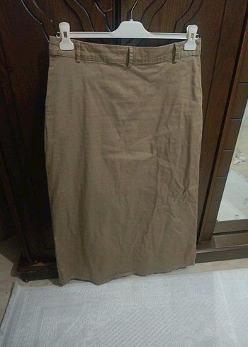 Düğmeli Bej Kadın Uzun Keten Etek - Görsel 5