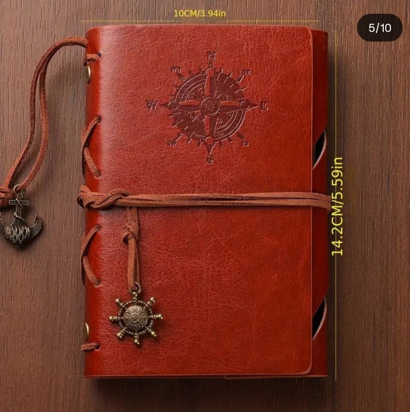 Pusula Desenli Kırmızı Deri Defter - Görsel 2