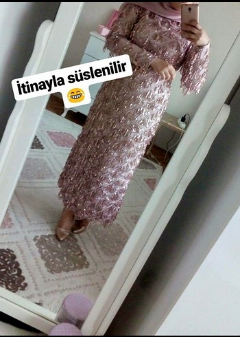 Dantel Detaylı Uzun Pembe Kadın Elbise