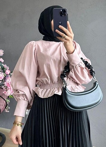 Beli Lastikli Tesettür Bluz Pudra