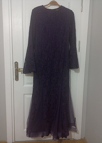 Uzun Kollu Dantel Mor Uzun Abiye Elbise - Görsel 2