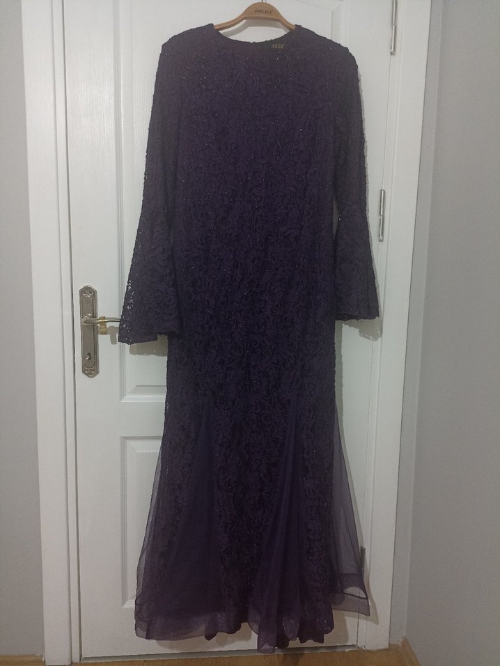 Uzun Kollu Dantel Mor Uzun Abiye Elbise - Görsel 2