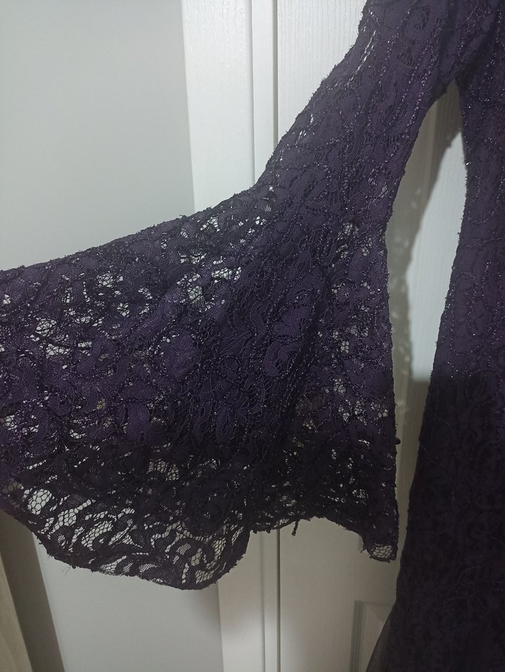 Uzun Kollu Dantel Mor Uzun Abiye Elbise - Görsel 4