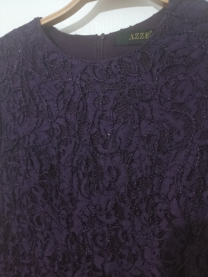 Uzun Kollu Dantel Mor Uzun Abiye Elbise - Görsel 5