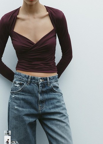 Zara Bordo V Yaka Drapeli Kadın Bluz