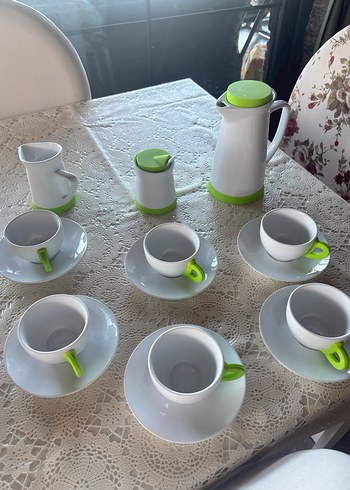 Kütahya Porselen Beyaz ve Yeşil Detaylı Kahve Fincan Seti - Görsel 5