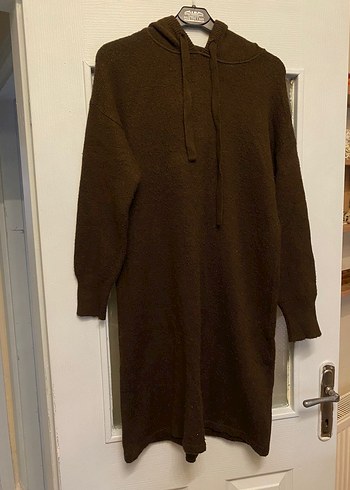 Kahverengi Kapüşonlu Uzun Triko Elbise - Görsel 2