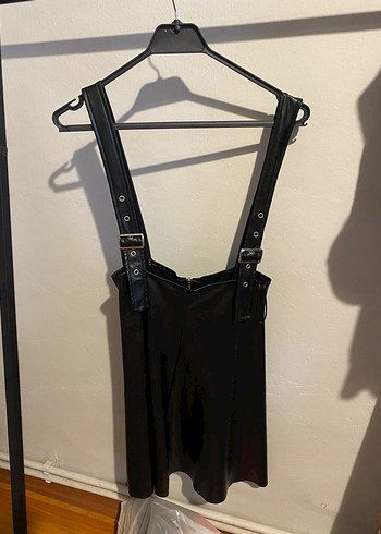 Siyah Gotik Deri kadın Askıkılı Etek