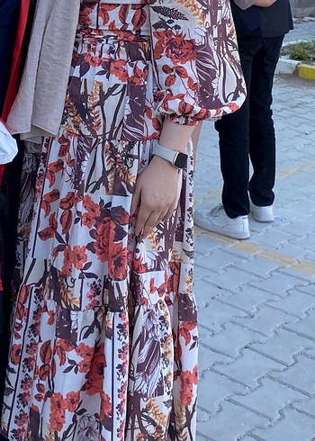 Desenli Kahverengi Bohem Uzun Kadın Elbise