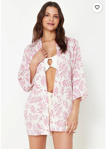 Pembe Desenli Bohem Kadın Mini Kimono