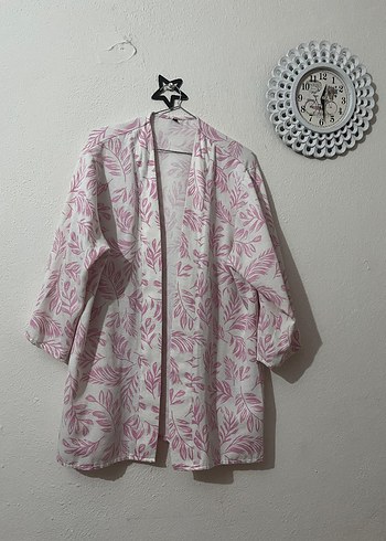 Pembe Desenli Keten Bohem Kimono