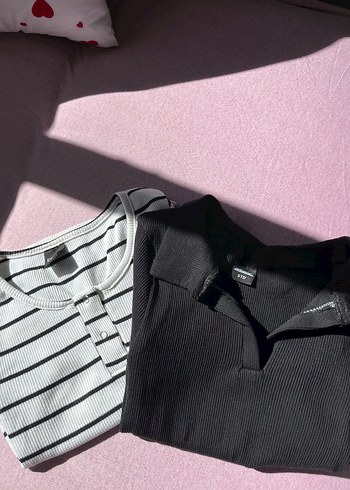 diğer Beden İKİLİ Siyah Polo yaka siyah beyaz çizgili crop