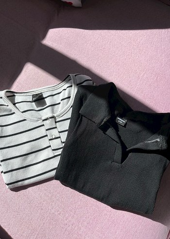 İKİLİ Siyah Polo yaka siyah beyaz çizgili crop