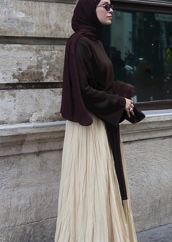 Drapeli Uzun Camel Etnik Desenli Etek - Görsel 3