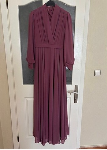 Uzun Mor Drapeli Kadın Abiye Elbise - Görsel 3