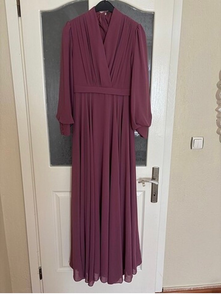 Uzun Mor Drapeli Kadın Abiye Elbise - Görsel 3