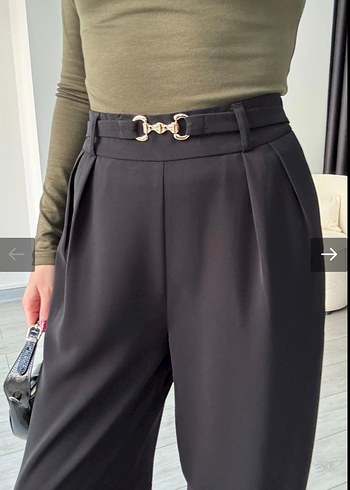 Kemerli Siyah Çizgili Kadın Kumaş Pantolon - Görsel 2