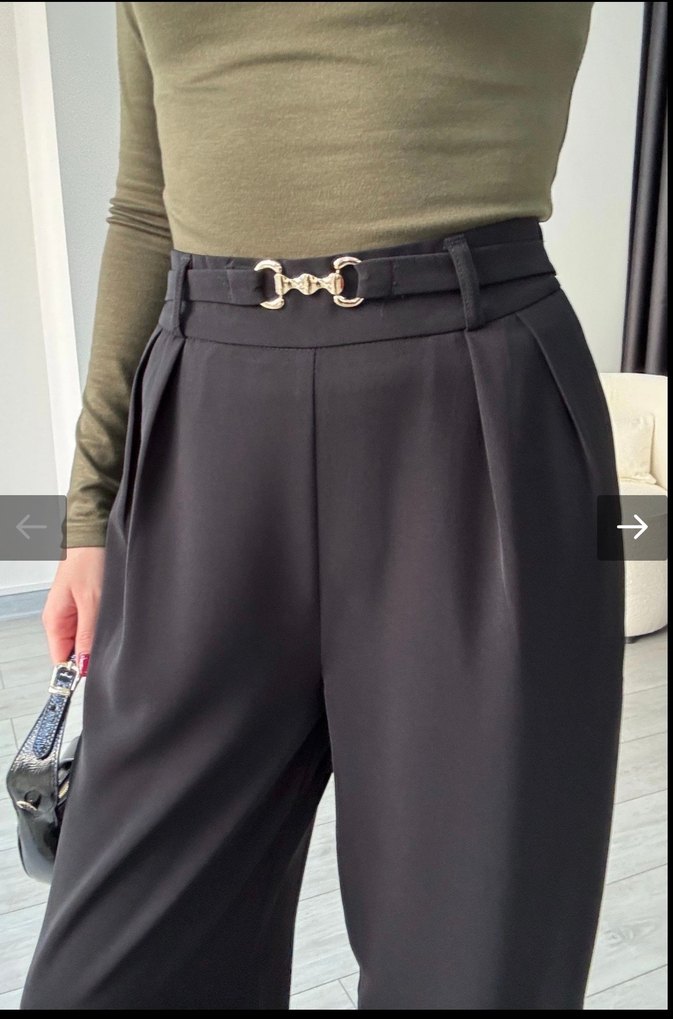 Kemerli Siyah Çizgili Kadın Kumaş Pantolon - Görsel 2