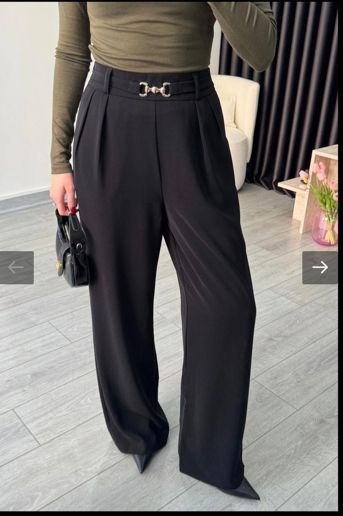 Kemerli Siyah Çizgili Kadın Kumaş Pantolon - Görsel 3