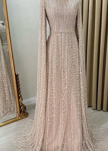 İnci İşlemeli Bej Uzun Abiye Elbise - Görsel 2