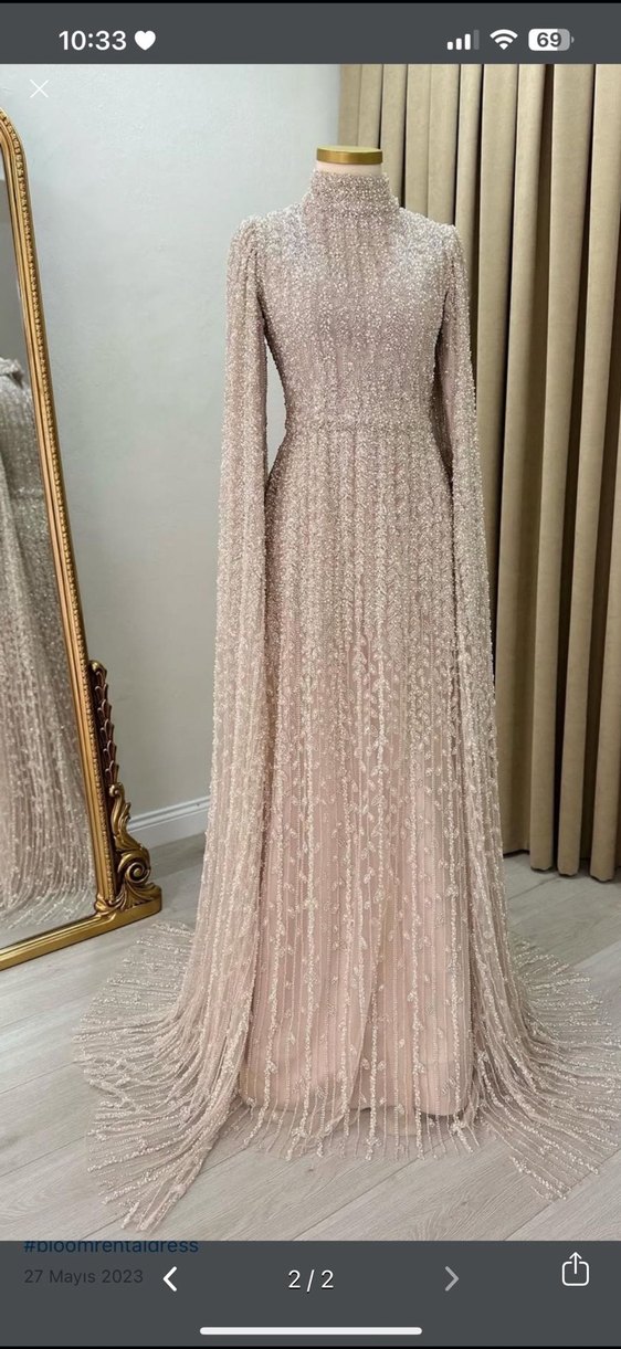 İnci İşlemeli Bej Uzun Abiye Elbise - Görsel 2
