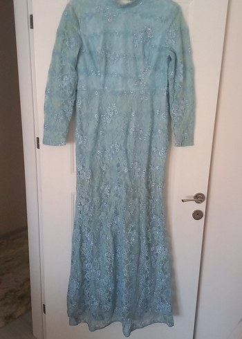 Pastel Mavi Dantel Uzun Kollu Nişan Elbisesi