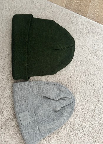 Gri yeşil Kadın Örgü Yün Bere ikili set - Görsel 2