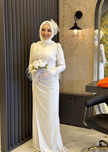 Uzun Kollu Beyaz Drapeli Abiye Elbise nikah elbisesi - Görsel 11