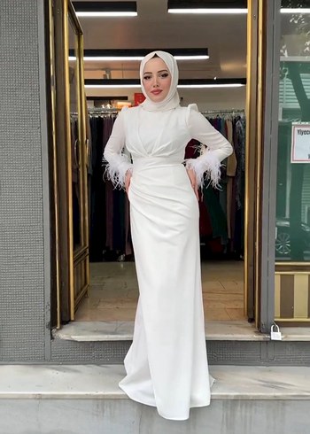 Uzun Kollu Beyaz Drapeli Abiye Elbise nikah elbisesi - Görsel 3