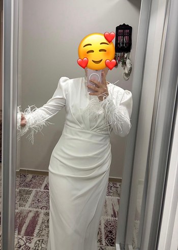 Uzun Kollu Beyaz Drapeli Abiye Elbise nikah elbisesi - Görsel 9