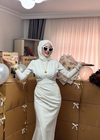 Uzun Kollu Beyaz Drapeli Abiye Elbise nikah elbisesi - Görsel 8